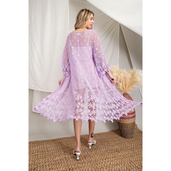 143 Story Lavender Floral Crochet Open Front 3/4 Sleeve Cardigan - Picture 6 of 6